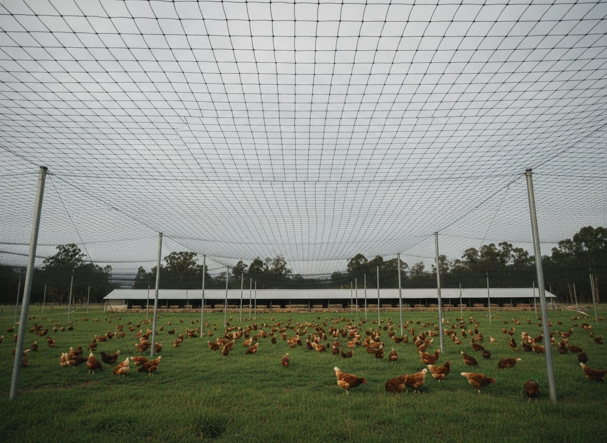 Square-mesh netting held on a high canopy over a free-range poultry range on an Australian farm