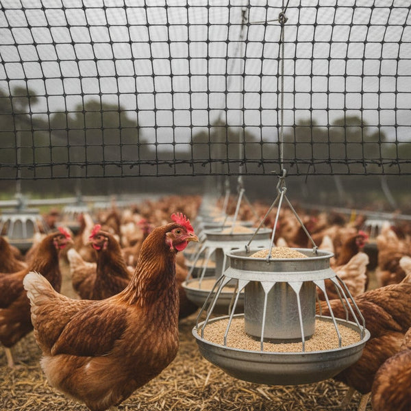 Poultry feed line with knotted square-mesh netting above it to keep wild birds off the feeders