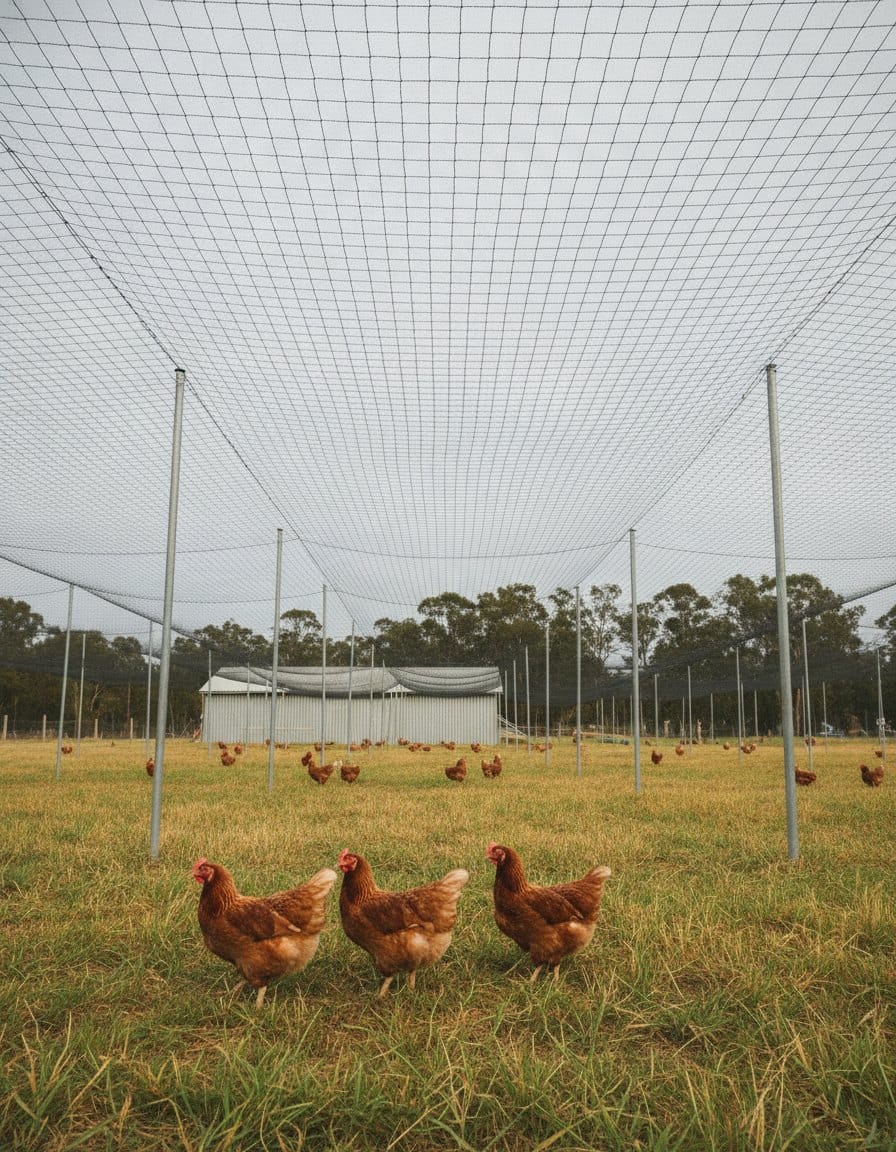 Brown laying hens ranging on pasture under a taut square-mesh net canopy on steel posts at an Australian free-range poultry farm