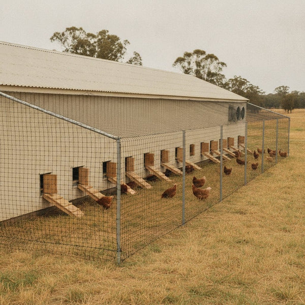 Australian poultry shed with a fully enclosed netted range, net roof fixed to the shed and net walls to the ground